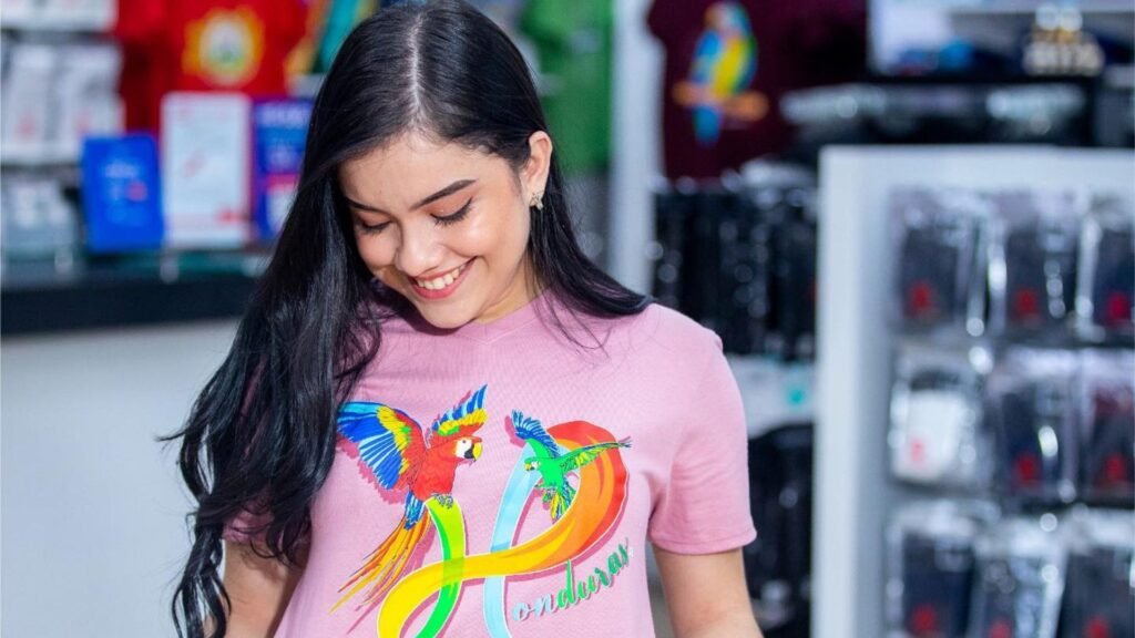 Mujer joven sonriendo con una camiseta con diseño de guacamayas y la palabra Honduras, la encuentras en Pacer Store, ubicada en Mall Premier Tegucigalpa.