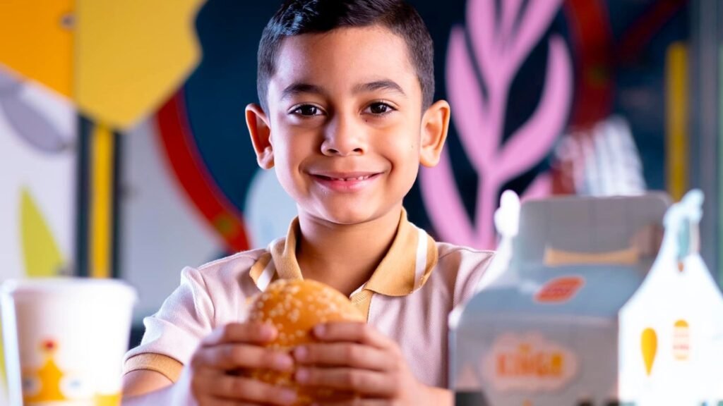Niño sonriendo mientras sostiene una hamburguesa Whopper de Burger King en Catacamas.