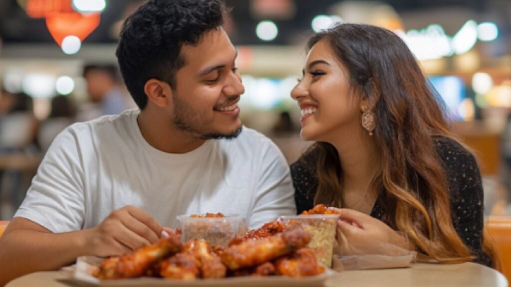 Pareja comiendo alitas BBQ de Matty's Deli & Grill en su tour foodie por Catacamas.