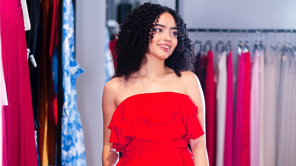 Mujer con cabello rizado modelando un elegante jumpsuit strapless de color rojo en la boutique Cubic.