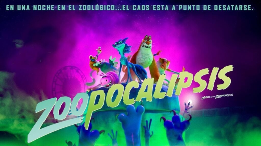 Póster colorido de la película animada 'Zoopocalipsis' con animales de aspecto monstruoso pero divertido para toda la familia.