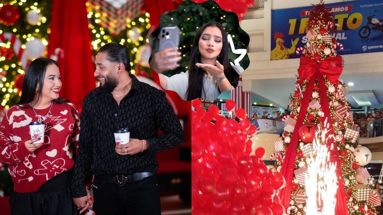 Pareja posando con bebidas navideñas frente a decoración y árbol de Navidad en Mall Premier