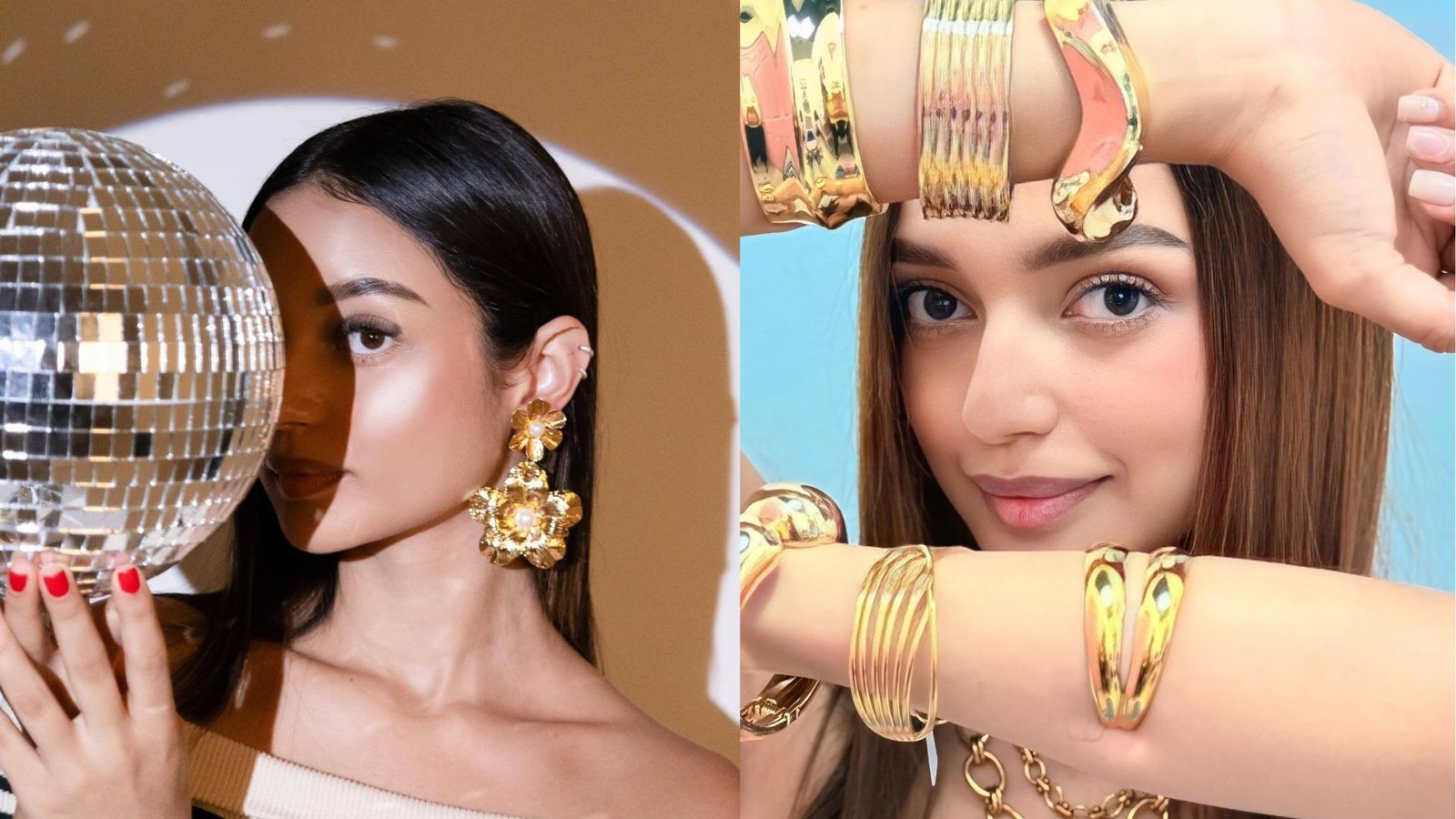 Primer plano de una mujer con aretes dorados de flores y otra mujer mostrando pulseras doradas tipo brazalete y cadenas.