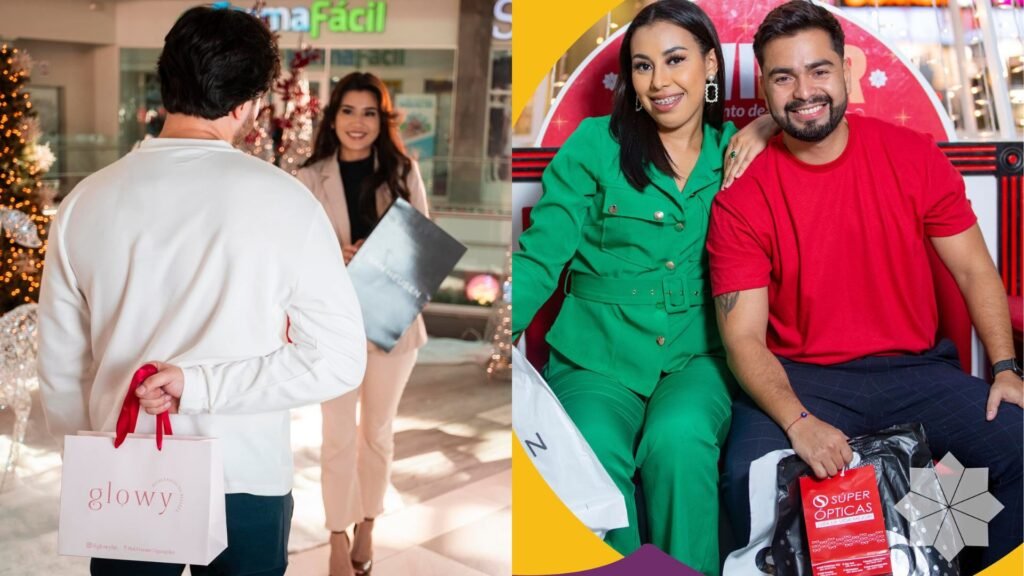 Pareja feliz entregando regalos de Navidad para hombre en Mall Premier Honduras.