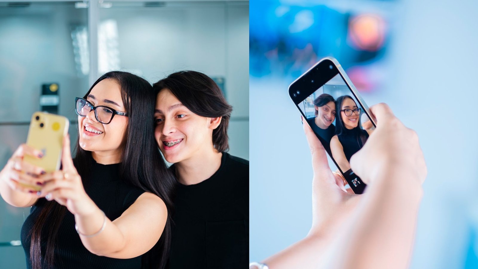 Pareja tomándose selfie con celular nuevo de CZ Mobile Plaza Premier Toronjal.