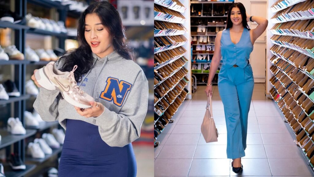Mujer revisando un par de zapatillas deportivas en un estante y otra mujer vestida elegantemente caminando en el pasillo de calzado de Payless. Ubicado en Mall Premier Comayagua y Tegucigalpa