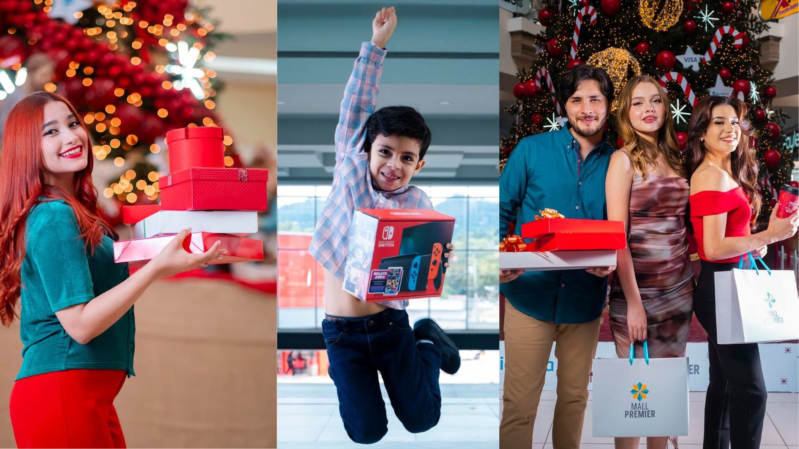 Varias personas alegres sostienen regalos y bolsas de compra con el logo de Mall Premier, posando junto a un gran árbol de Navidad. Una mujer sostiene cajas de regalo rojas y blancas, un niño salta con una consola Nintendo Switch y una pareja con una amiga posan sonrientes con sus compras.