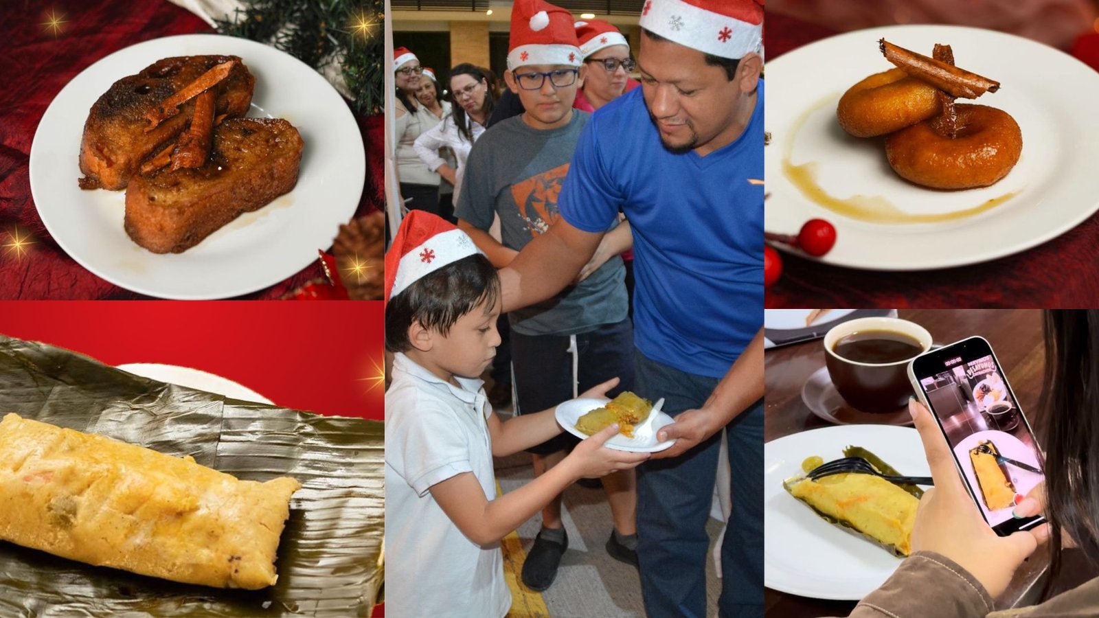 Persona adulta vestida de Santa sirviendo un tamal o nacatamal a un niño con gorro navideño, en un evento en Mall Premier o Plaza Premier. Se observan platillos hondureños navideños: torrejas de pan frito en miel y canela, rosquillas en miel y tamales en hoja de plátano.