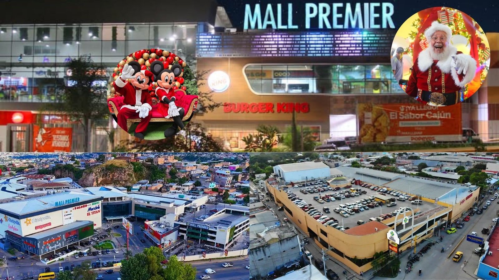 Fachadas exteriores de Mall Premier en Tegucigalpa, Comayagua y Juticalpa iluminadas por la noche.