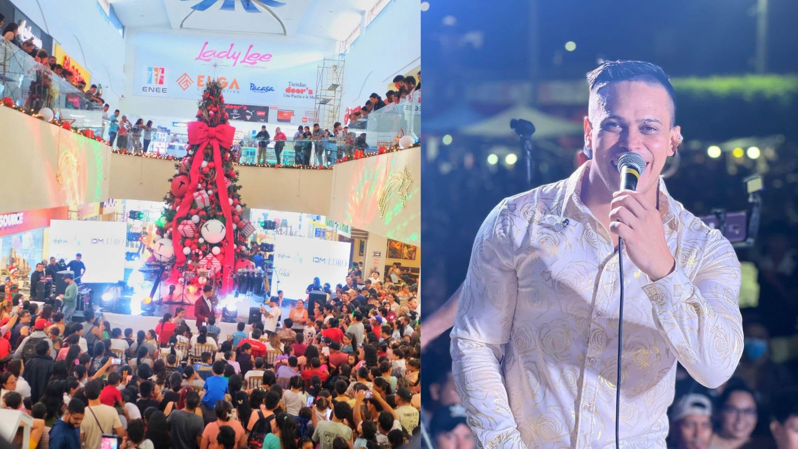 Collage del aniversario de Mall Premier Comayagua: a la izquierda, multitud celebrando junto al árbol de Navidad en el atrio central; a la derecha, cantante presentándose en vivo.