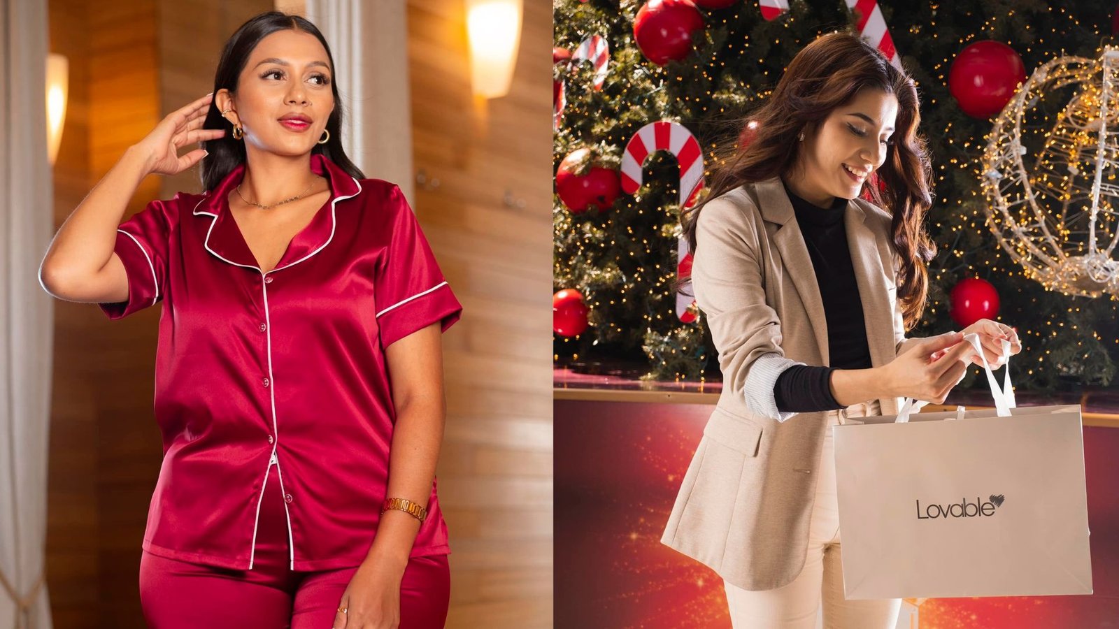 Mujer en pijama satinada roja y otra mujer con blazer beige sosteniendo una bolsa de Lovable frente a un árbol de Navidad decorado; ubicado en Mall Premier Comayagua, Tegucigalpa, Juticalpa y Catamas