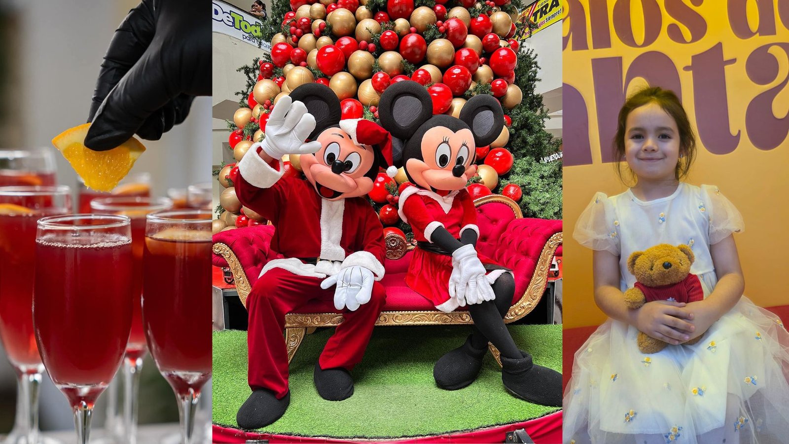 Cocteles de celebración, Mickey y Minnie Mouse navideños y niña con oso de peluche en Mall Premier Tegucigalpa.