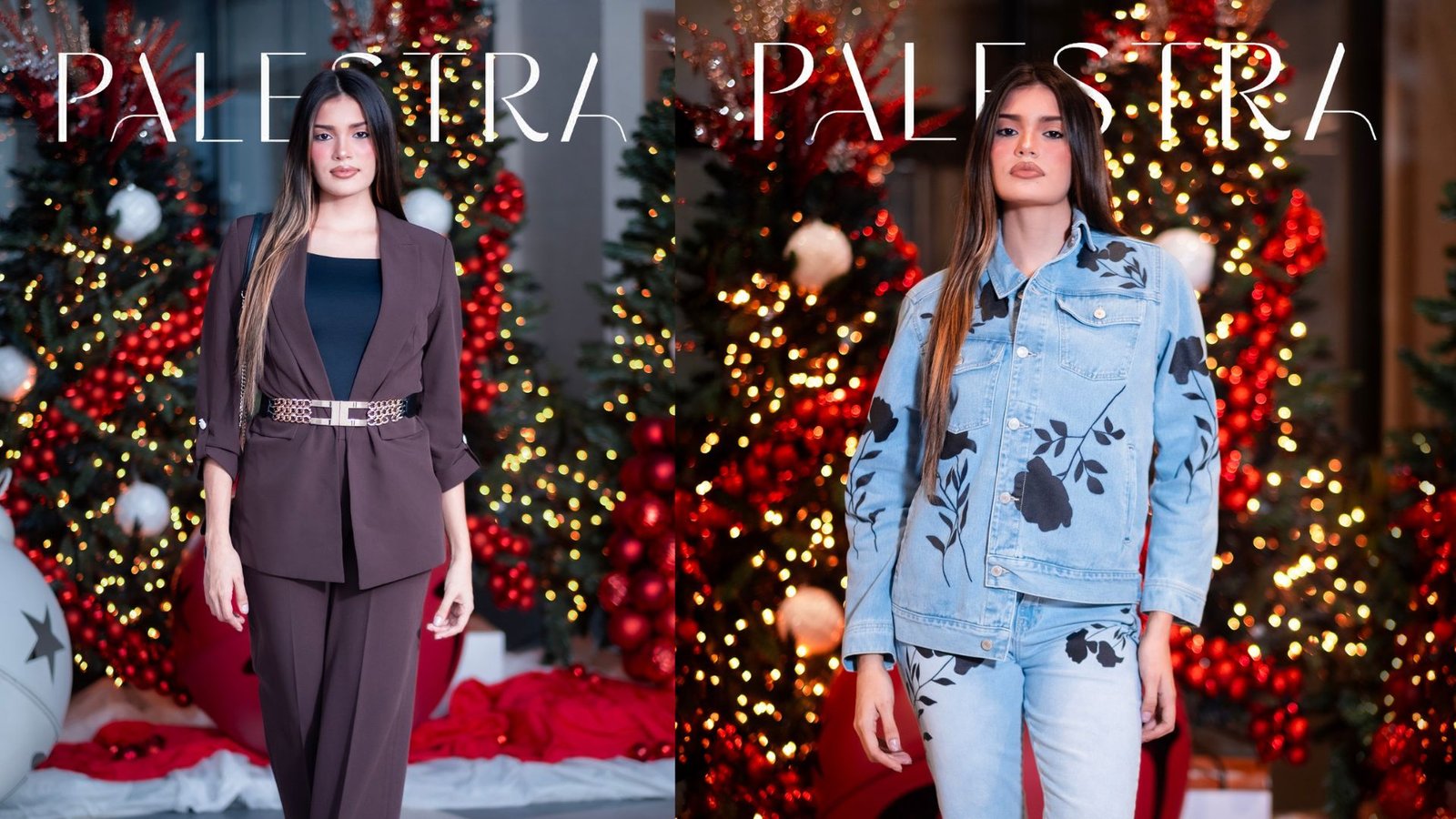 Mujer modelando un traje sastre marrón y otra mujer con una chaqueta de mezclilla con estampado de flores oscuras, ambas frente a un árbol de Navidad.