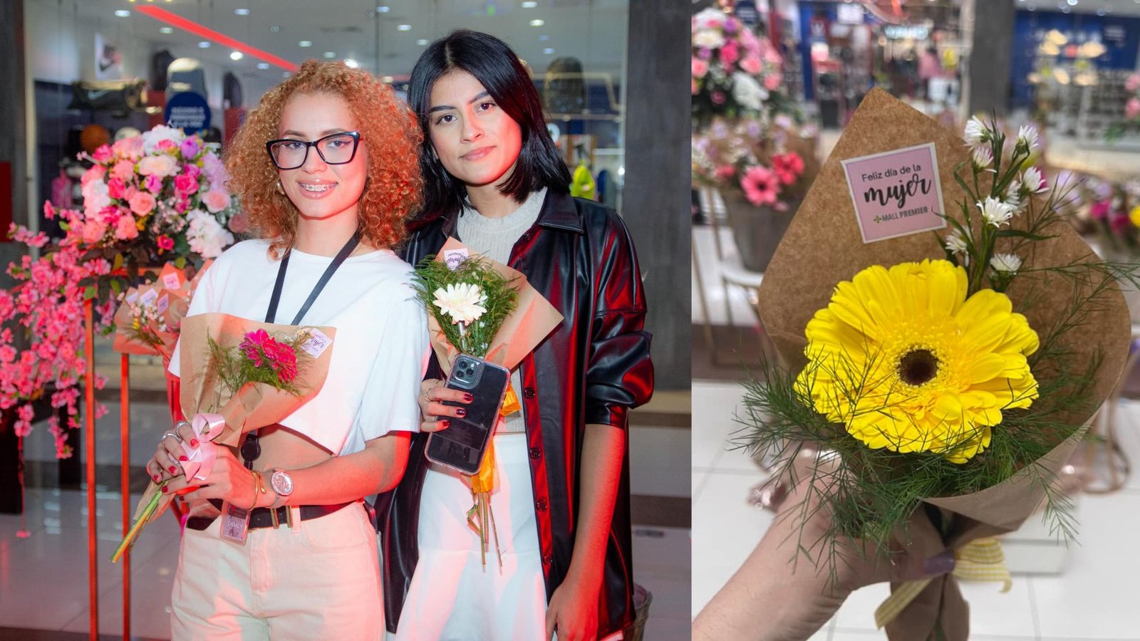 Mujeres recibiendo flores durante la celebración del Día de la Mujer Hondureña en Plaza Premier y Mall Premier