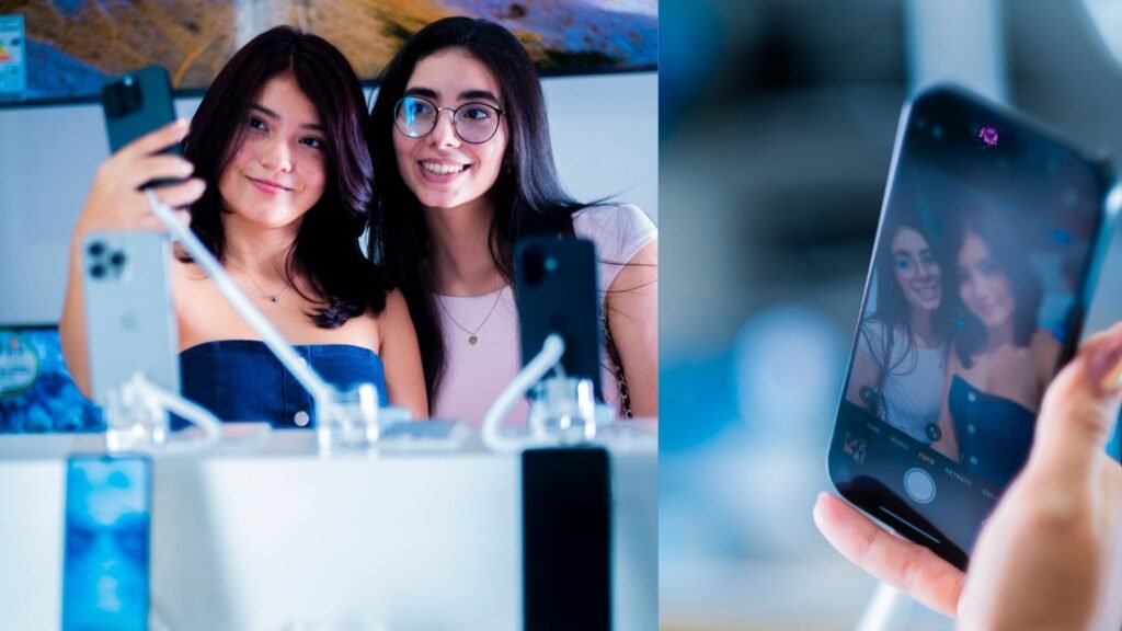 Amigas tomándose selfies y eligiendo celulares en Jetstereo Comayagua