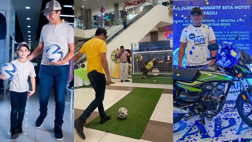 Papás participando en el Reto de Penales de Premier + para Papá en Mall Premier Tegucigalpa, Comayagua, Catacamas y Juticalpa