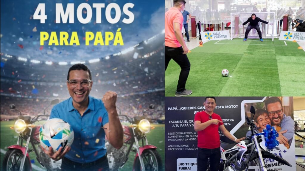 Collage de la campaña "Premier + para Papá" de Mall Premier, mostrando a un hombre celebrando con un balón de fútbol, motos nuevas de premio y un campo de penales instalado dentro del centro comercial para el concurso del Día del Padre 2026.