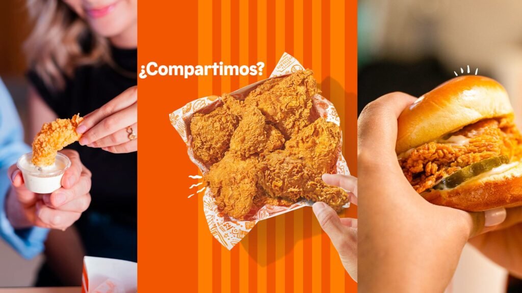 Tríptico de productos de Popeyes Louisiana Kitchen: una persona sumergiendo un tender de pollo en salsa, una pieza de pollo frito crujiente sobre fondo naranja con la frase "¿Compartimos?", y un primer plano de la famosa Chicken Sandwich con pepinillos.