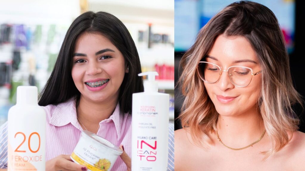 Mujer mostrando productos de coloración capilar profesional Chenice.
