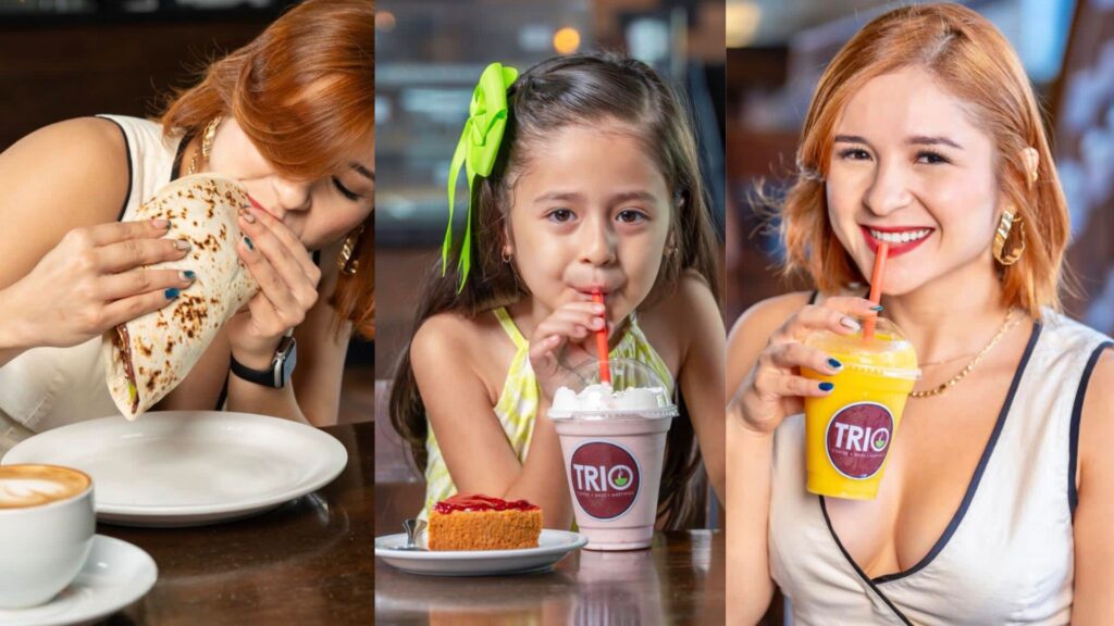 Personas disfrutando bebidas y desayuno en Trio Café ubicado en Plaza Premier Tegucigalpa.