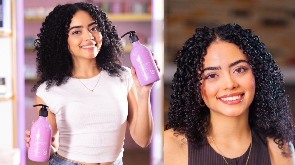 Mujer con rizos definidos sosteniendo acondicionador Luseta de aceite de coco. Lo encuentras en Nancy Jrufe en Plaza Premier Humuya