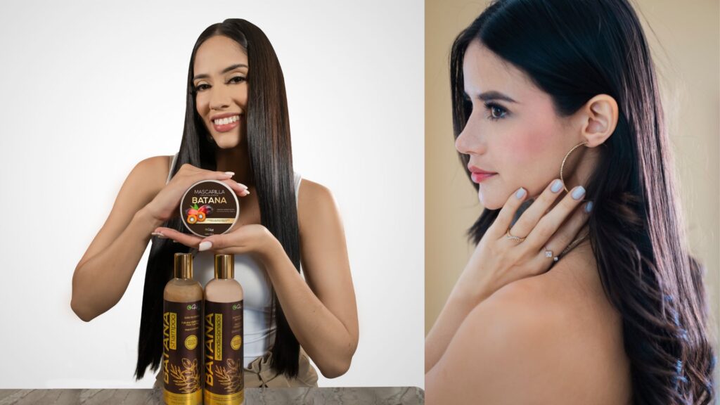 Mujer con cabello largo y liso sosteniendo tratamiento de batana Hush Natural lo encuentras en Mall Premier Comayagua, Tegucigalpa, Juticalpa y Catacamas