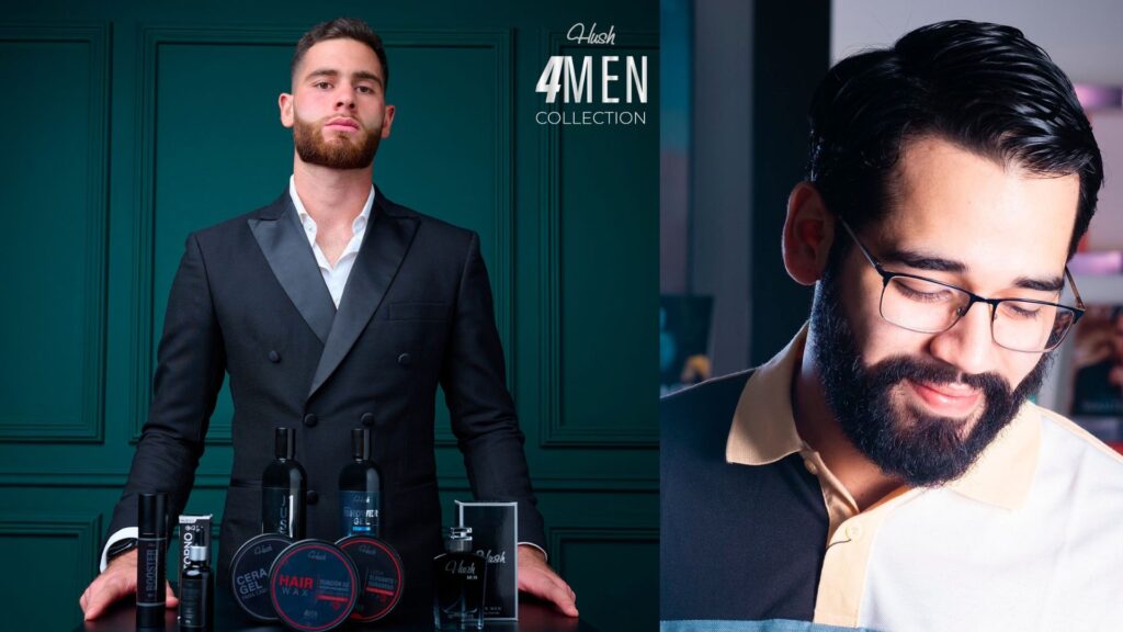 Hombre con estilo impecable rodeado de productos para el cuidado masculino Hush 4 Men. Encuentralo en Mall Premier Comayagua, Mall Premier Tegucigalpa, Mall Juticalpa y Mall Premier Catacamas