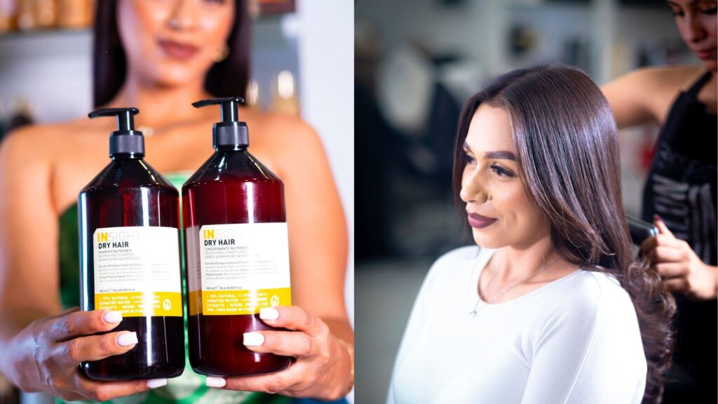Manos sosteniendo botellas de shampoo y acondicionador Insight Dry Hair para cabello deshidratado. Encuentralo en Ligia Salón ubicado en Mall Premier Juticalpa y Mall Premier Catacamas