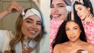 Modelos mostrando rutinas de skincare con sueros faciales disponibles en las tiendas de belleza de Mall Premier Honduras.