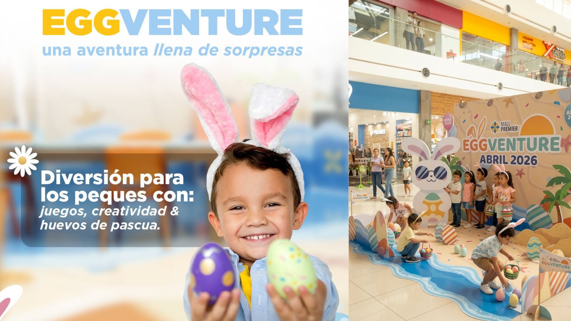 Niños participando en la recolección de huevos del evento Eggventure en Mall Premier Catacamas de Grupo Premier.