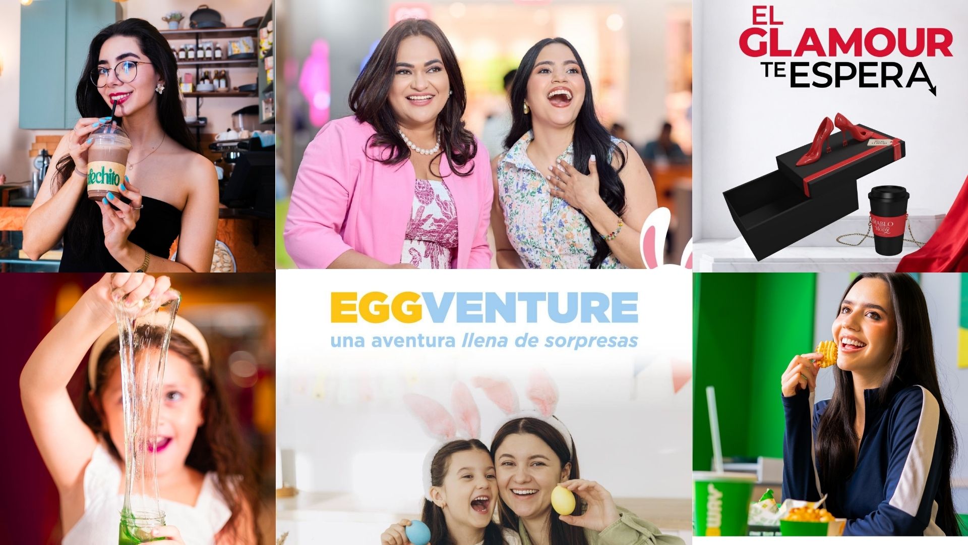 Collage de actividades familiares y gastronómicas en Mall Premier de Grupo Premier, incluyendo eventos de temporada y café.