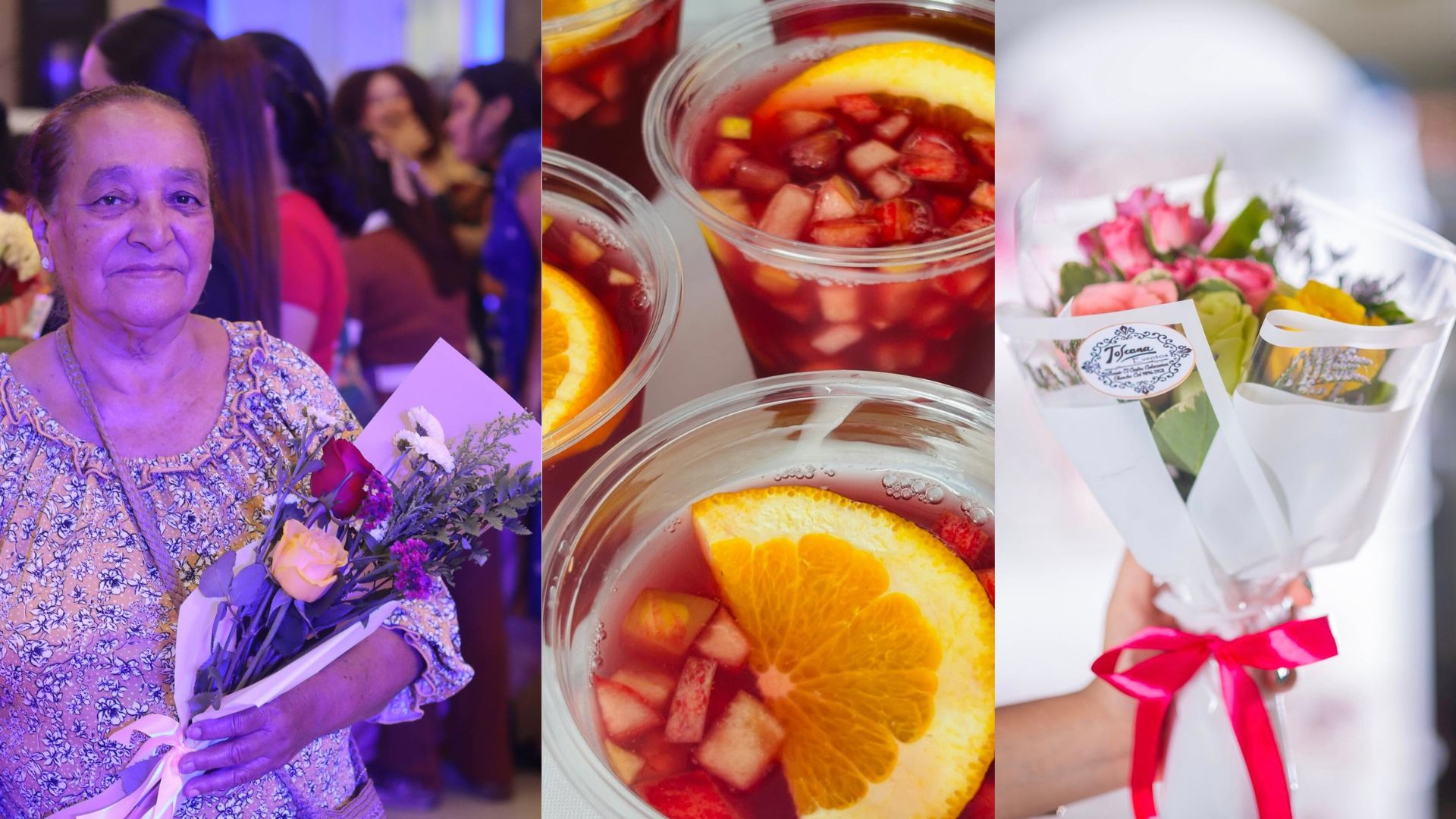 Madre hondureña con ramo de flores y sangría artesanal en Mall Premier Catacamas.
