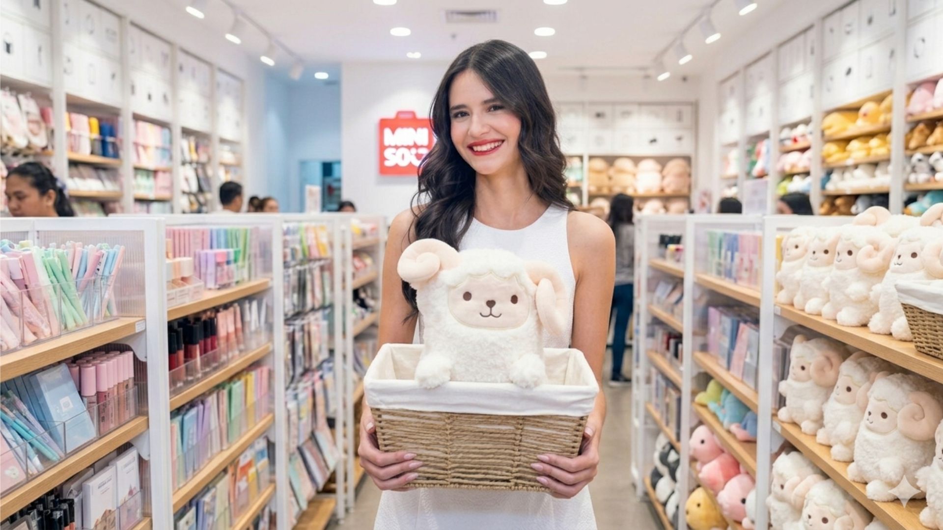 Cesta organizadora multiusos con peluche de oveja en Mall Premier Tegucigalpa Ubicada en  Miniso Honduras. 