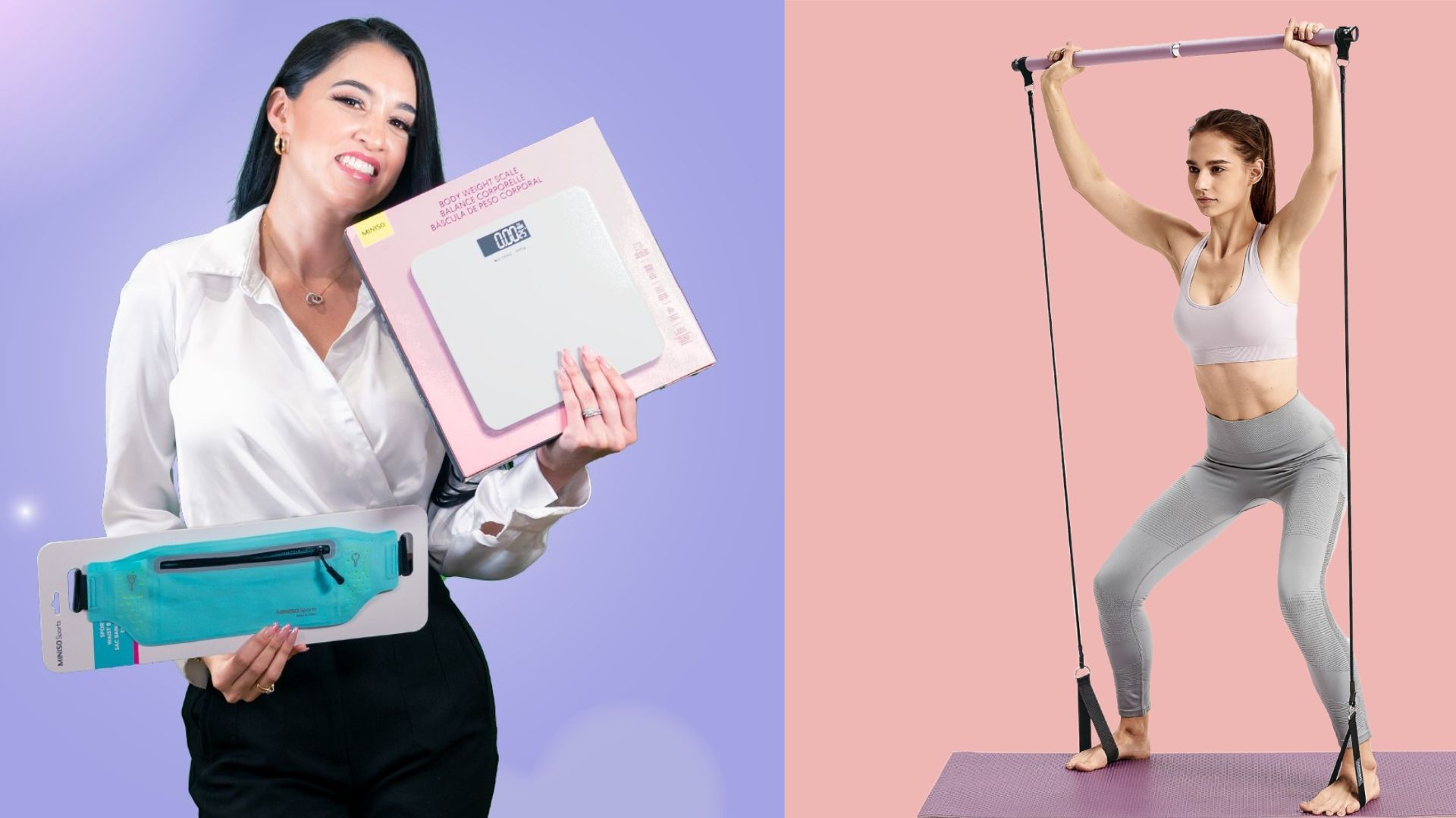 Equipo de ejercicio Miniso Mall Premier Tegucigalpa: báscula digital, cangurera y barra de pilates. 
