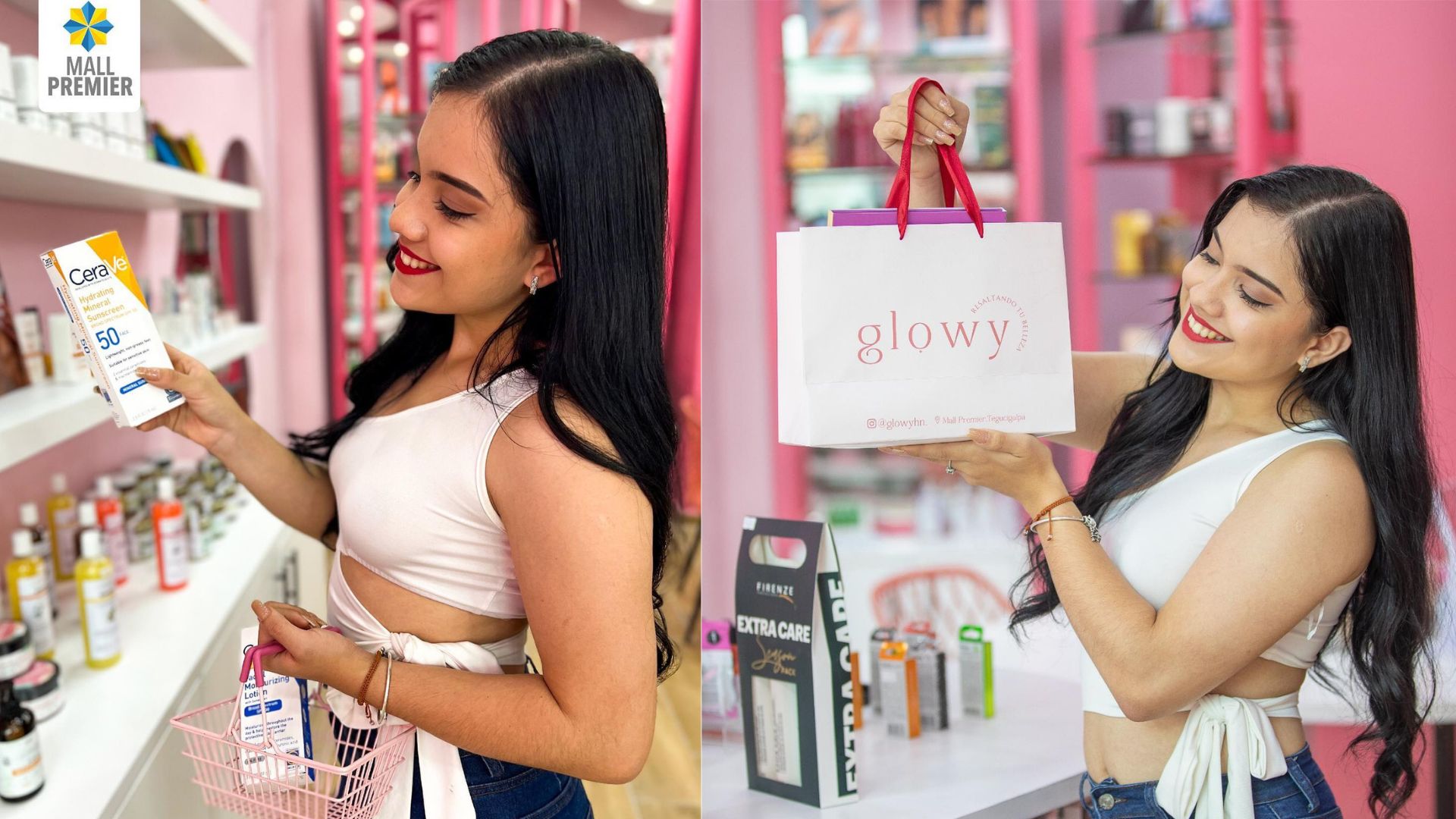 Cliente comprando protector solar mineral CeraVe en tienda Glowy de Mall Premier Tegucigalpa.
