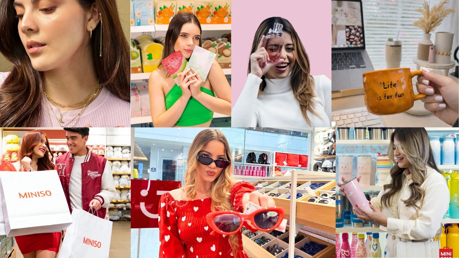 Collage de productos de Miniso en Mall Premier Tegucigalpa que incluye mascarillas faciales, joyería, perfumes, tazas decorativas, termos y lentes de sol, modelados por jóvenes en un ambiente moderno.