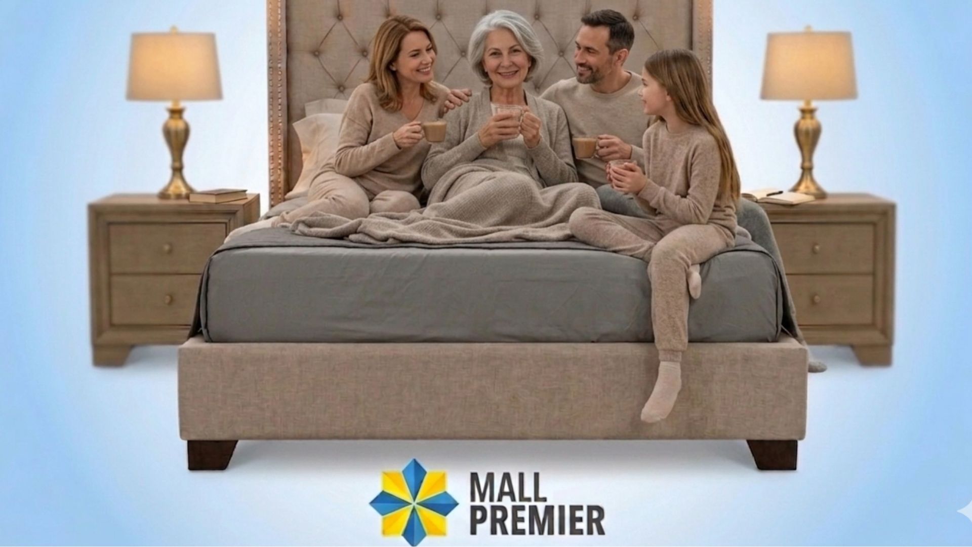 Una familia de tres generaciones (abuela, padres e hija) sentados alegremente sobre una cama matrimonial moderna de Mall Premier, sosteniendo tazas de café y celebrando en un ambiente acogedor.