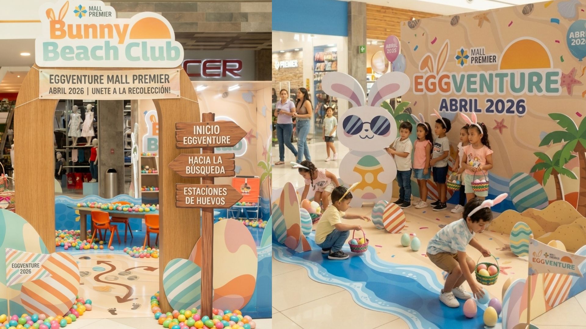 Grupo de niños con orejas de conejo listos para iniciar la gran búsqueda de huevos en Mall Premier.