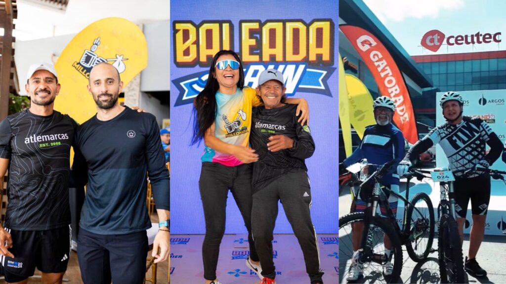 Collage de deportistas en Honduras: a la izquierda y centro, participantes de la "Baleada Run" con camisetas de Atlemarcas; a la derecha, ciclistas con equipo de seguridad y bicicletas de montaña en un evento en Tegucigalpa.