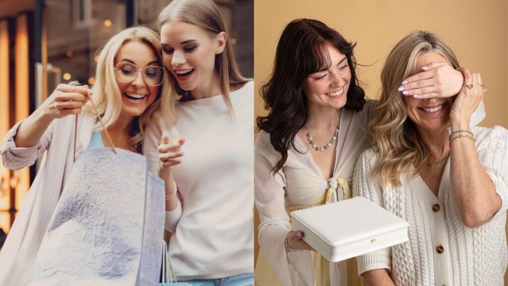 Mujeres felices recibiendo y mostrando regalos elegantes como ideas de obsequios para el Día de la Madre en Plaza Premier