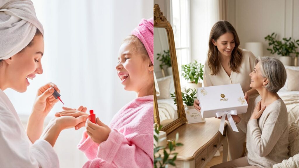 Madre e hija pintándose las uñas y recibiendo regalo de belleza. Opciones de regalo en Plaza Premier Humuya, Sauce y Toronjal.