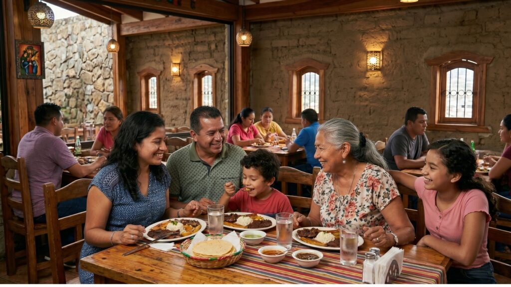 Familia almorzando en restaurante de Plaza Premier en Tegucigalpa o La Ceiba durante el Día de la Madre, compartiendo un momento especial en centros comerciales de Honduras