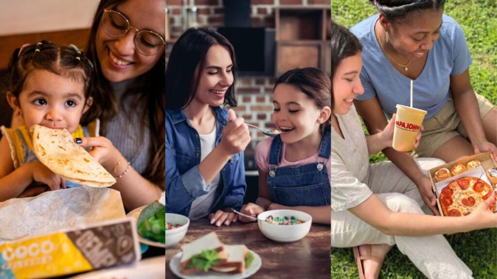 Especial de almuerzos para el Día de la Madre en Honduras: collage que muestra a una niña comiendo una baleada, una madre compartiendo con su hija y jóvenes disfrutando pizza de Papa John's. Una invitación a celebrar en los restaurantes y food courts de Plaza Premier Humuya en Tegucigalpa, y Plaza Premier Sauce y Toronjal en La Ceiba.