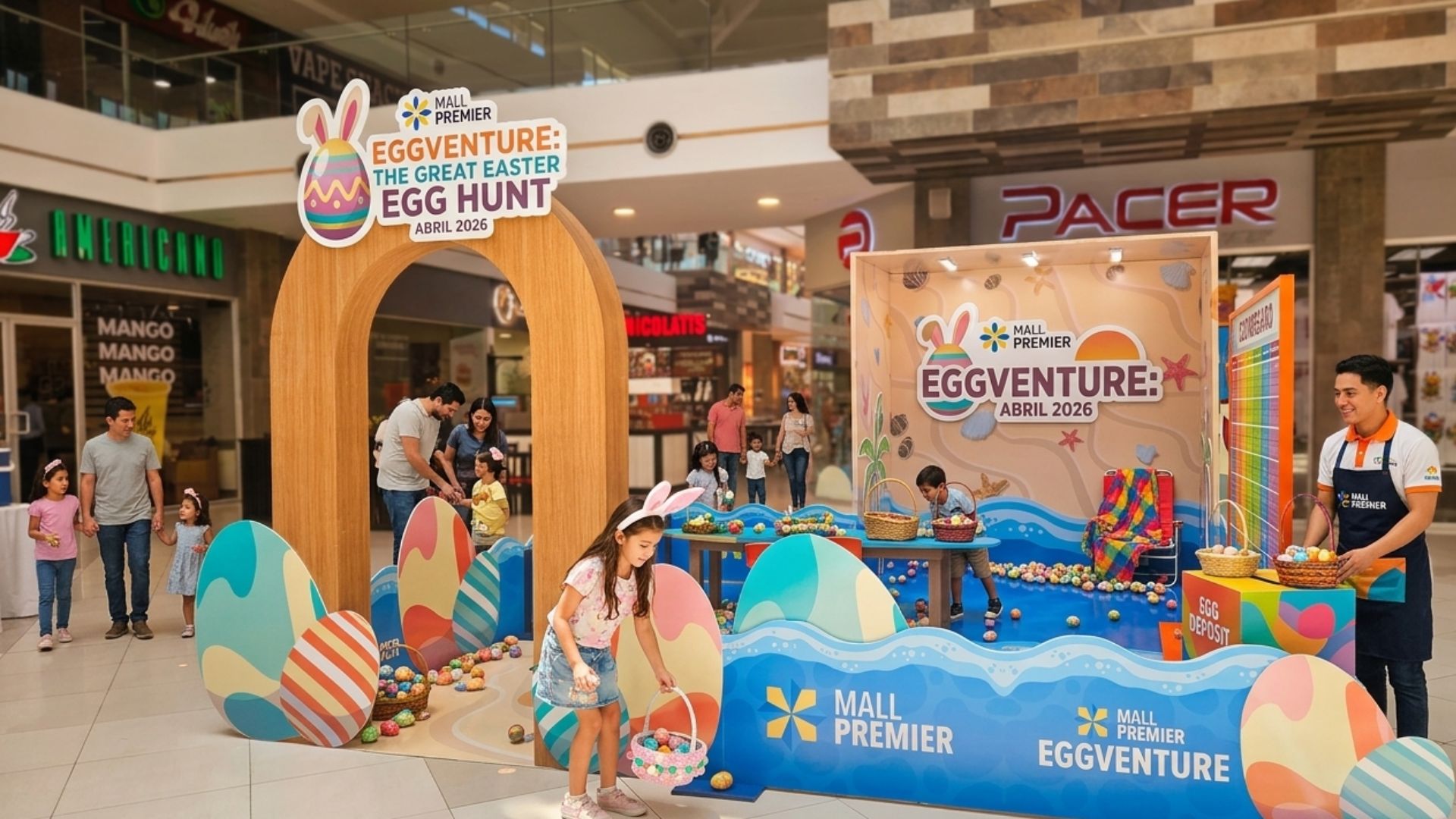Niños participando en la búsqueda de huevos de pascua Eggventure 2026 en la estación temática de Mall Premier.