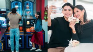 Jóvenes jugando arcade de baloncesto y pareja tomándose una selfie con postres en centro comercial en Honduras