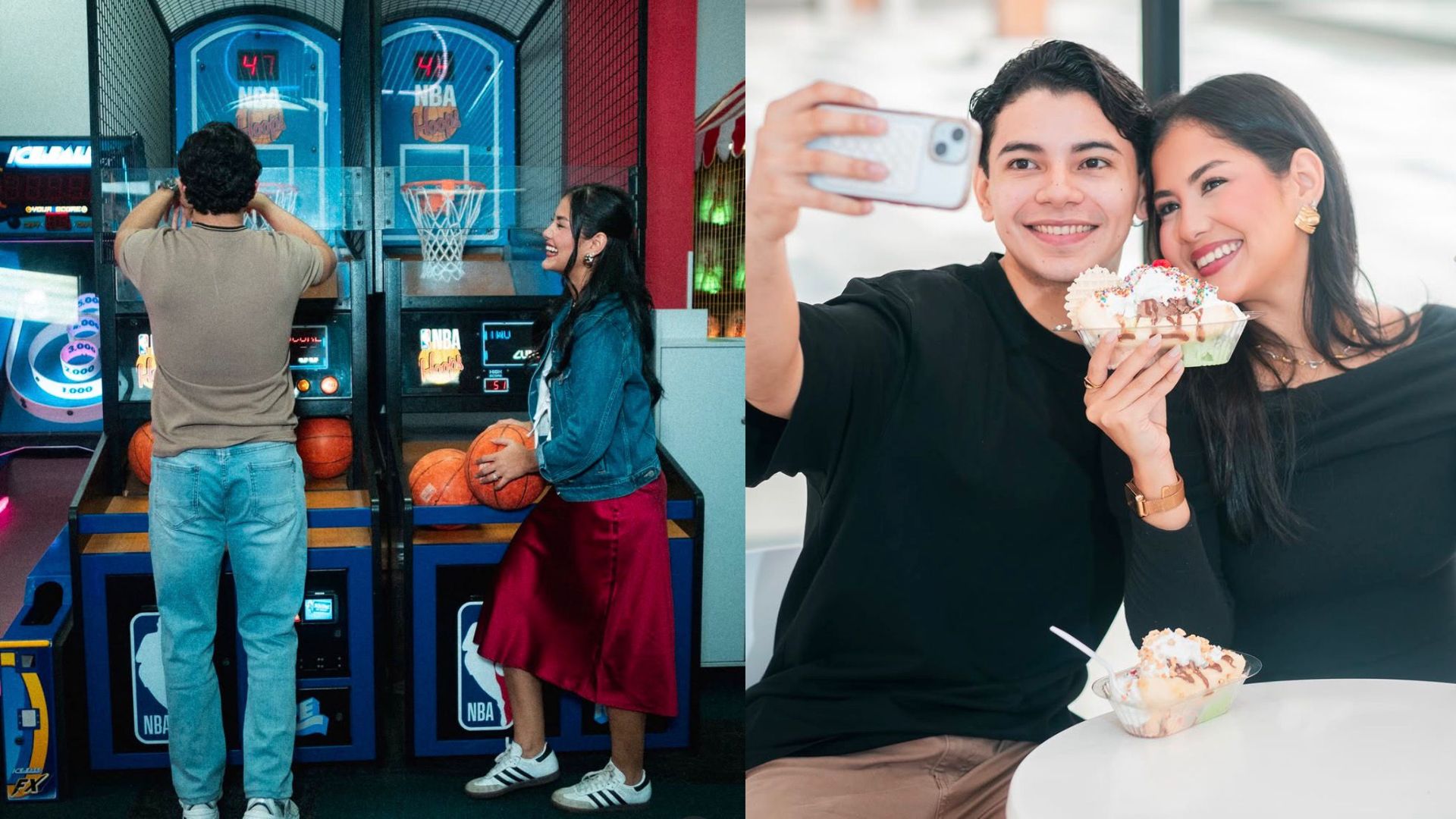 Jóvenes jugando arcade de baloncesto y pareja tomándose una selfie con postres en centro comercial en Honduras