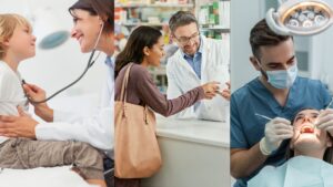 Doctora revisando a un niño, farmacéutico asesorando a una cliente y dentista realizando tratamiento dental, representando servicios de salud en Honduras