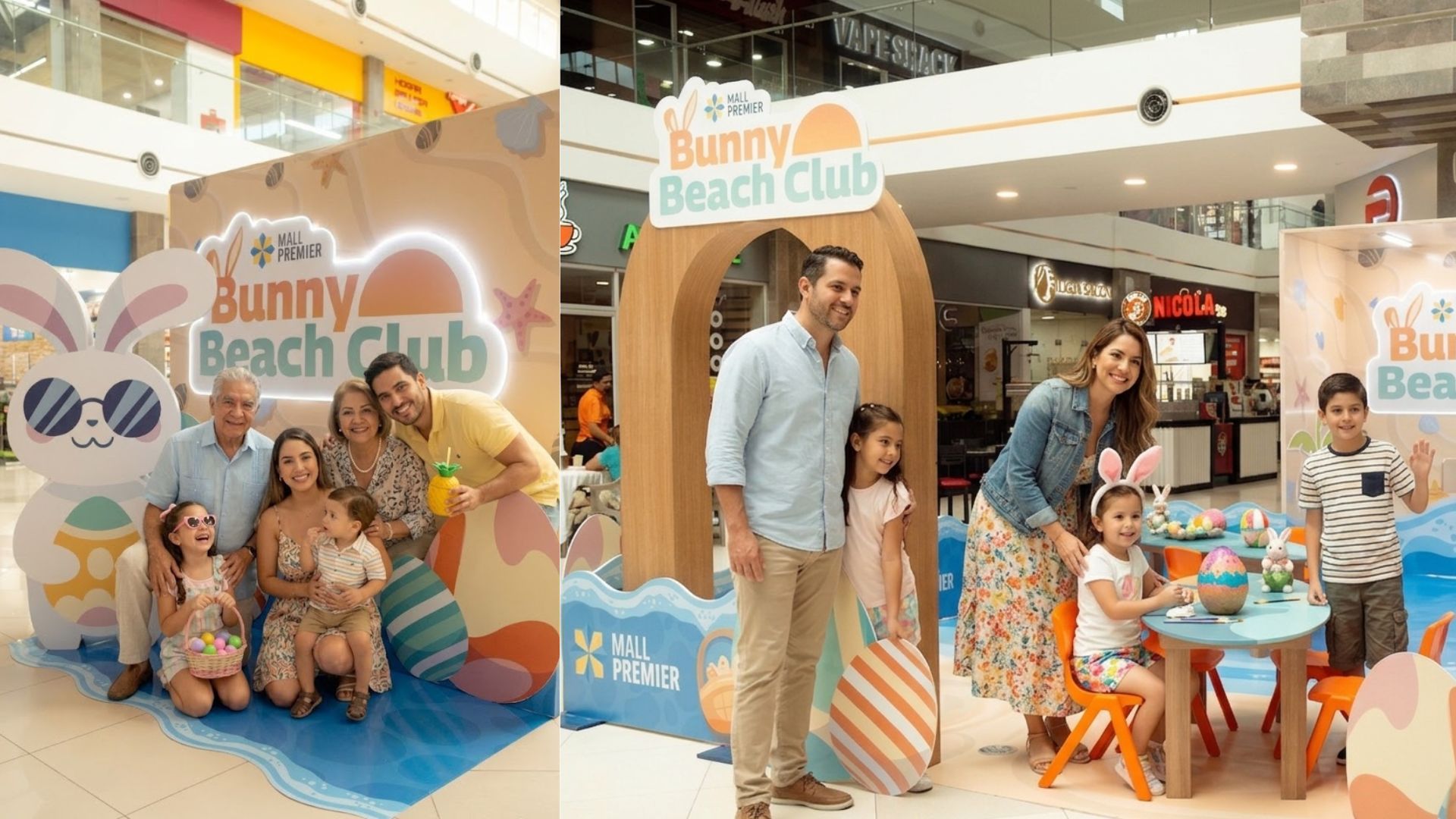 Familia hondureña posando en el spot fotográfico Bunny Beach Club de Mall Premier durante la temporada de Pascua.