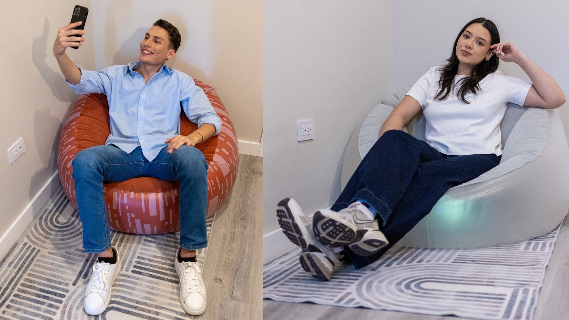 Un hombre y una mujer descansando de forma independiente en sillones inflables portátiles y ergonómicos de la tienda Lady Lee en Mall Premier.