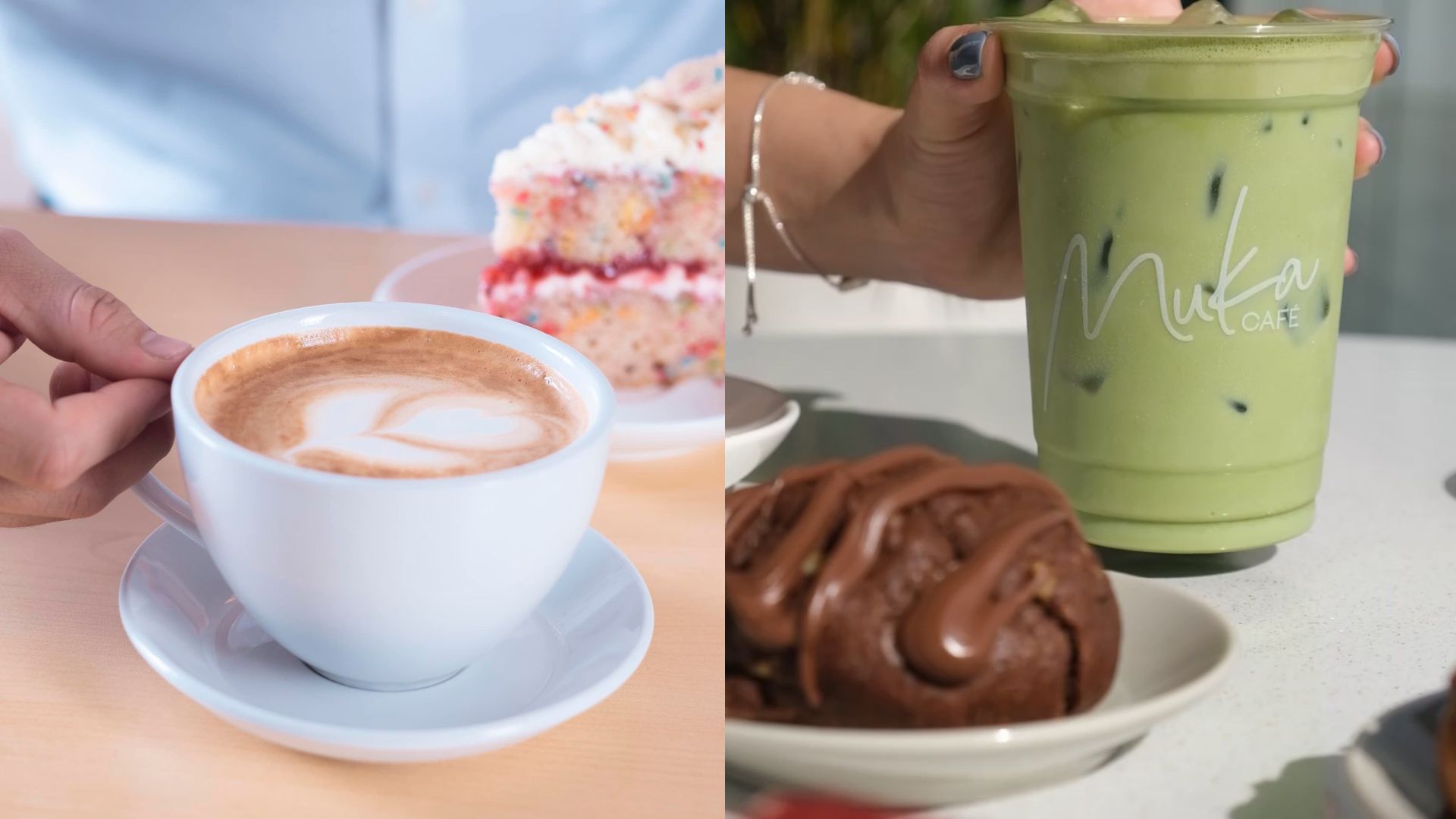 na taza de café capuchino caliente con pastel y un vaso de matcha frío con postre de chocolate en los comercios de Mall Premier.